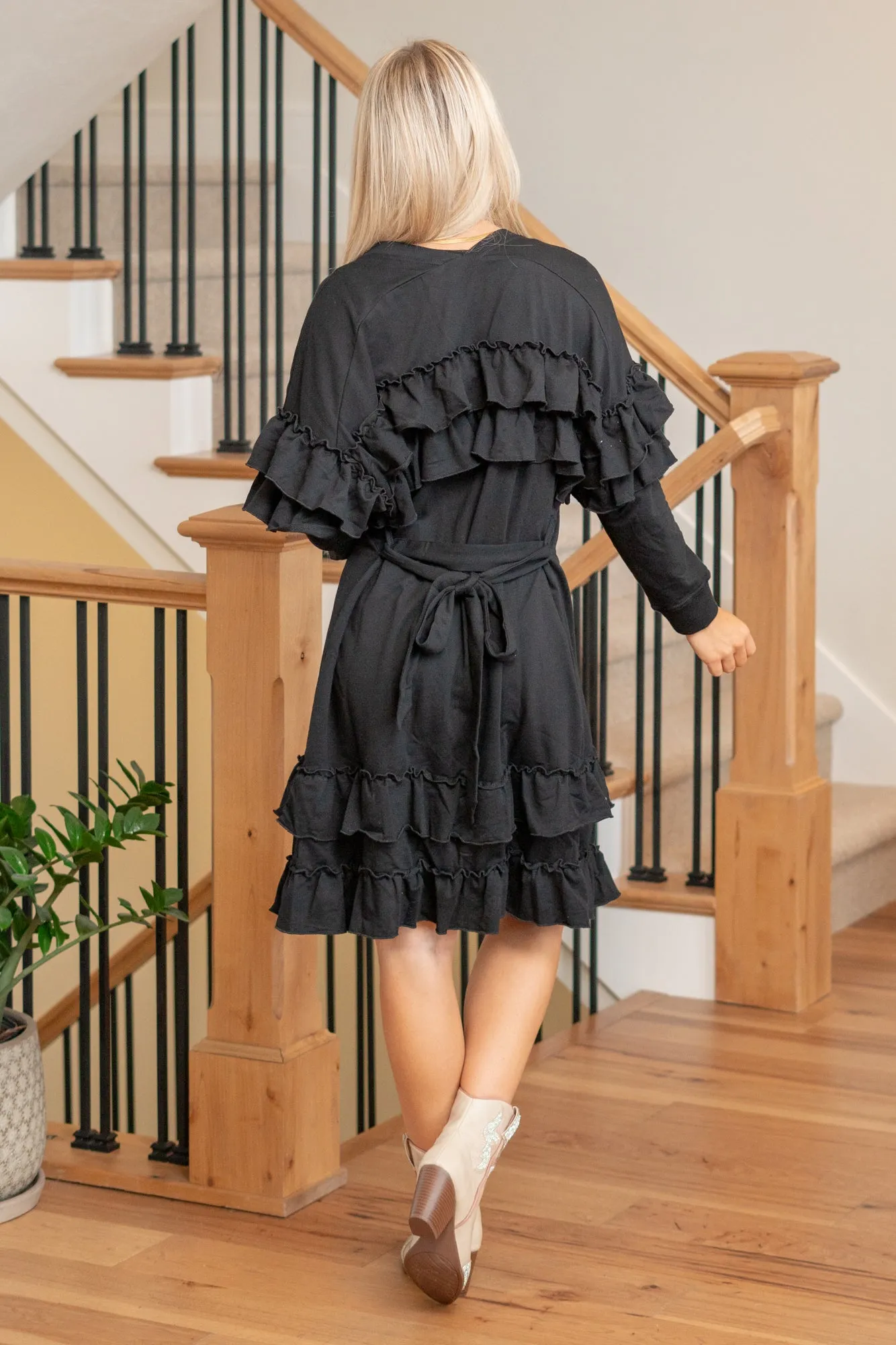 Ruffle Body Tie Cardigan - Black