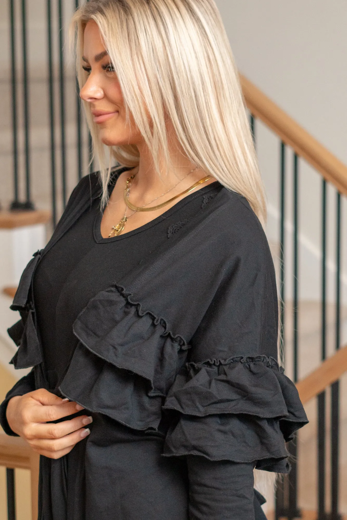 Ruffle Body Tie Cardigan - Black