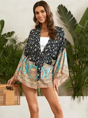 Short Kimono With Floral Print Navy-Blue Color Cotton Gown Kimono Duster Robe