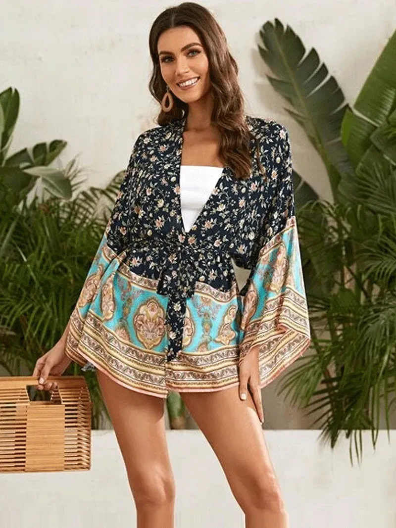 Short Kimono With Floral Print Navy-Blue Color Cotton Gown Kimono Duster Robe