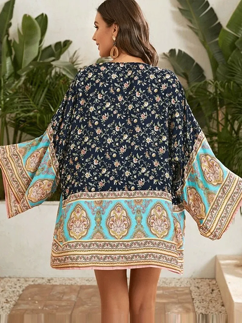 Short Kimono With Floral Print Navy-Blue Color Cotton Gown Kimono Duster Robe