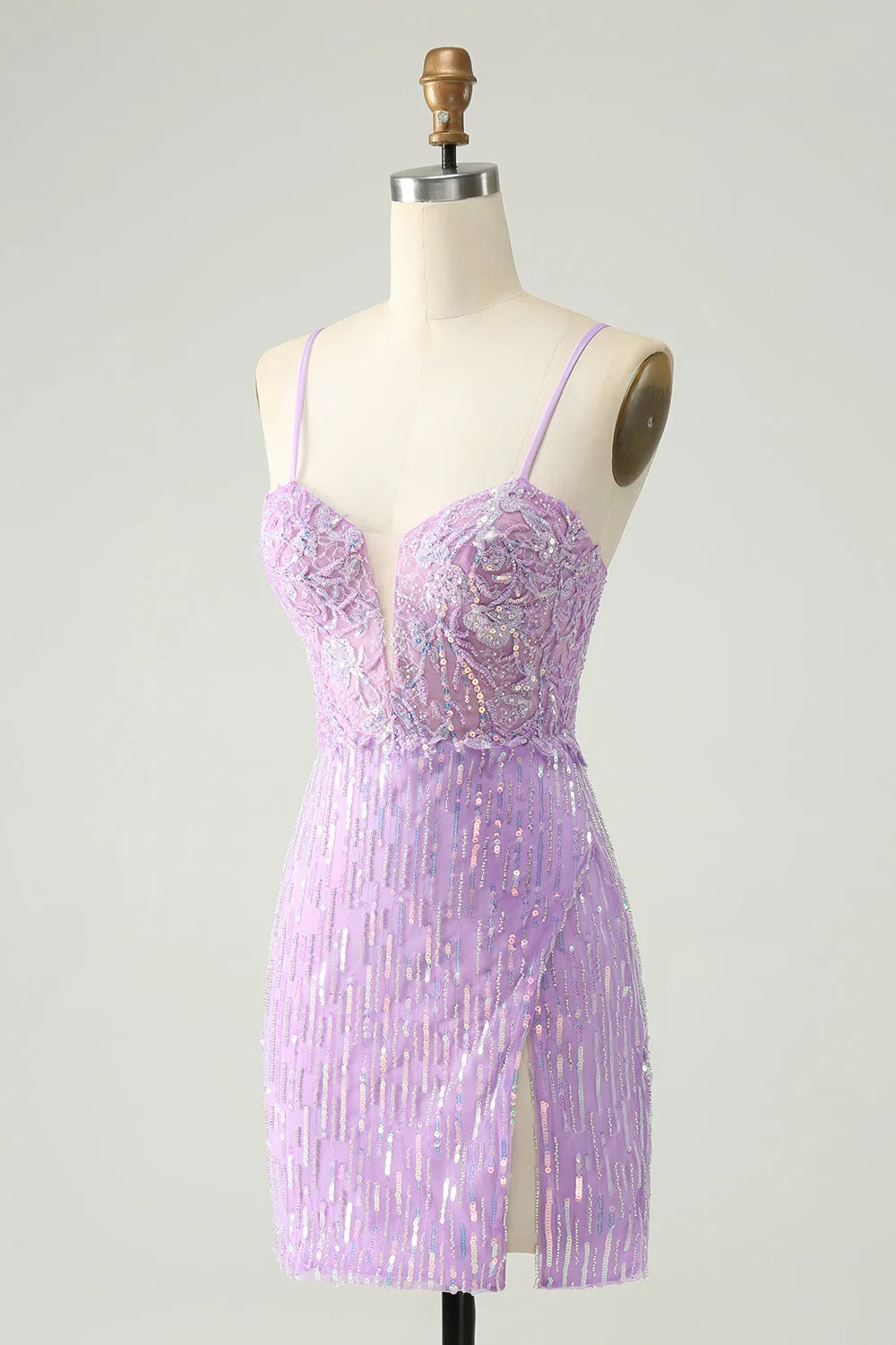 Sparkly Lilac Bodycon Spaghetti Straps Sequins Mini Homecoming Dress with Slit