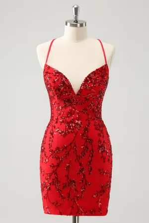Sparkly Red Floral Tight Short Homecoming Dress with Sequins