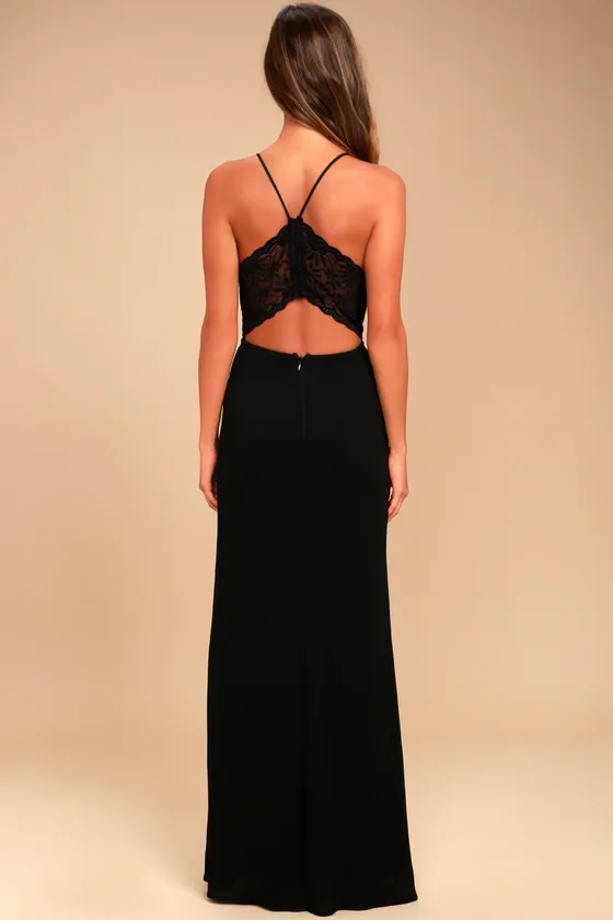 Story of a Starry Night Black Backless Lace Maxi Dress