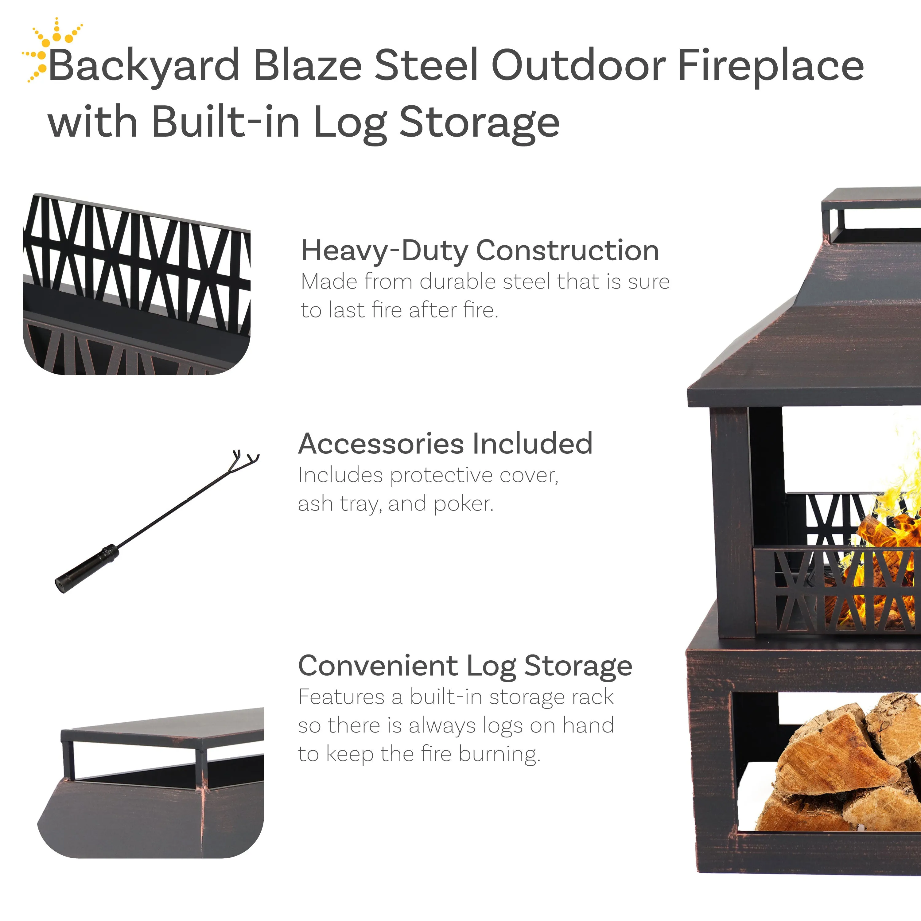 Sunnydaze Bronze Steel Outdoor Fireplace with Log Storage - 35" H