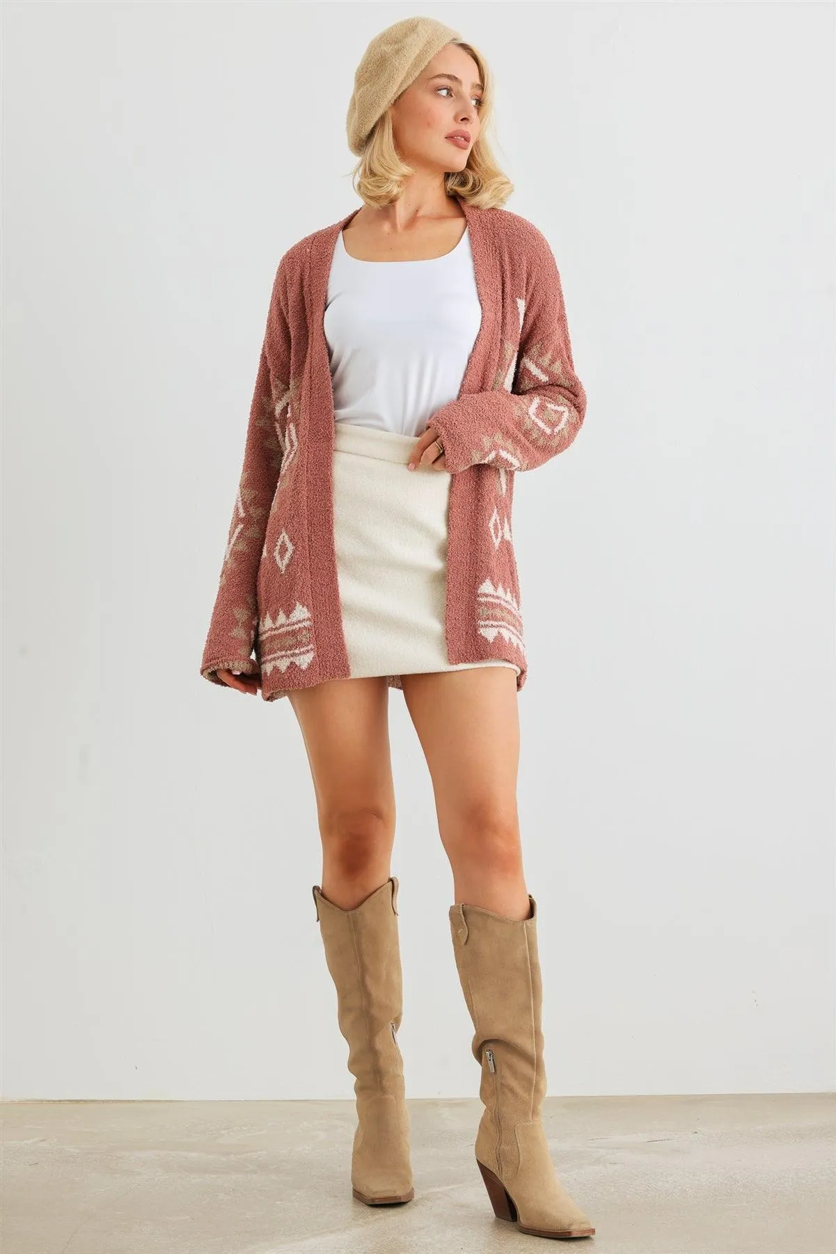Tribal Print Knit Long Sleeve Open Front Cardigan /2-2