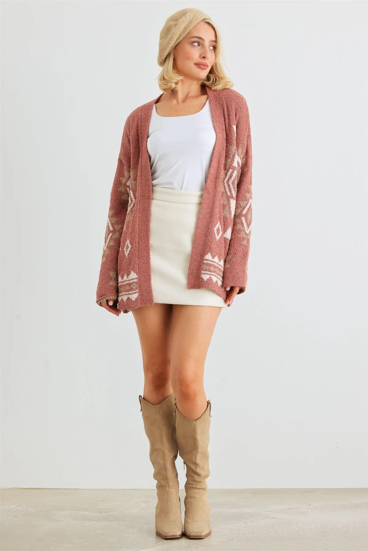 Tribal Print Knit Long Sleeve Open Front Cardigan /2-2