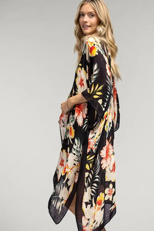 Tropical Garden Floral Summer Vacation Open Wrap Kimono Top Coverup One Size