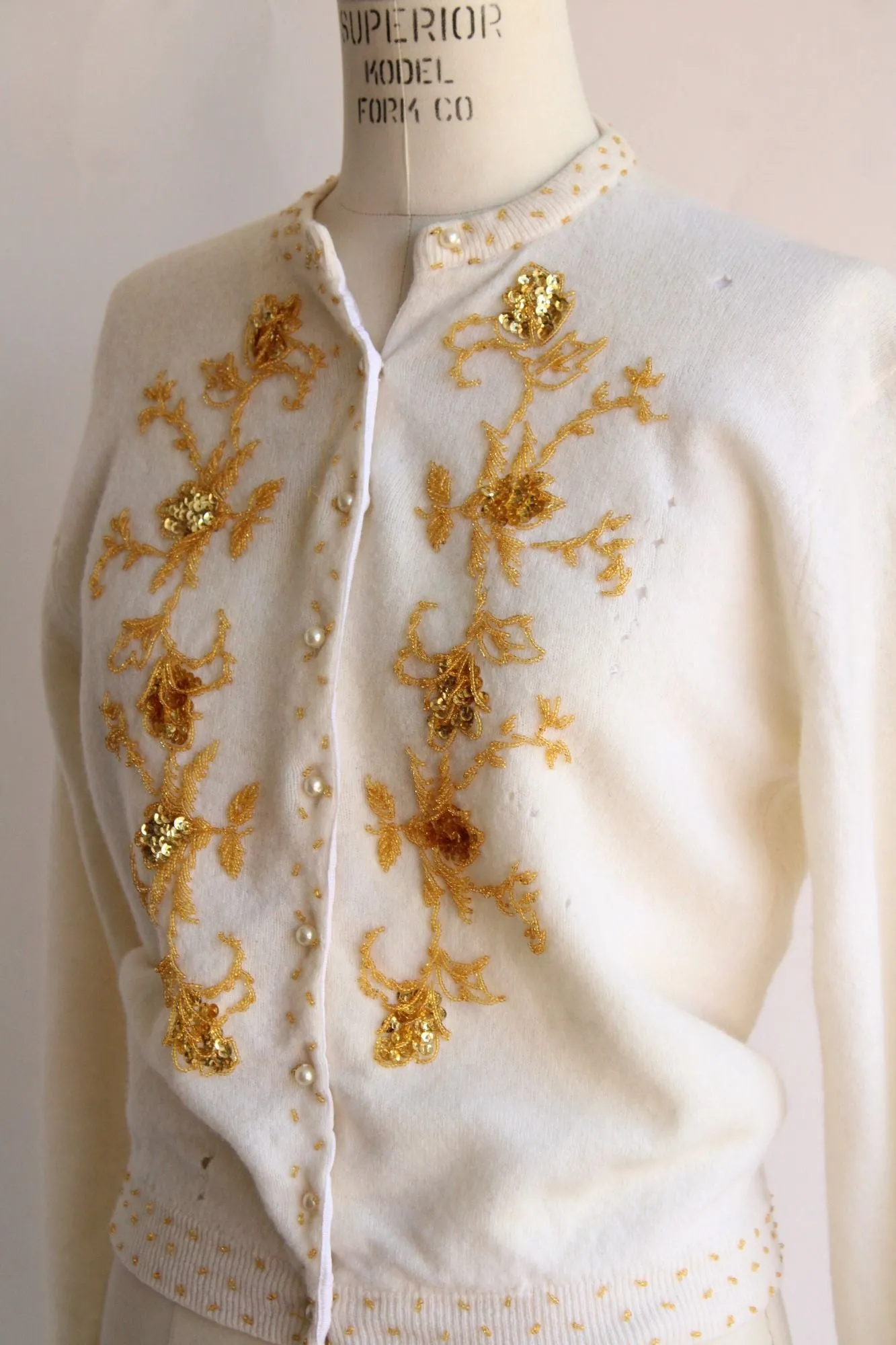 Vintage 1960s CReam with Gold Beaded Lambswool Sweater,