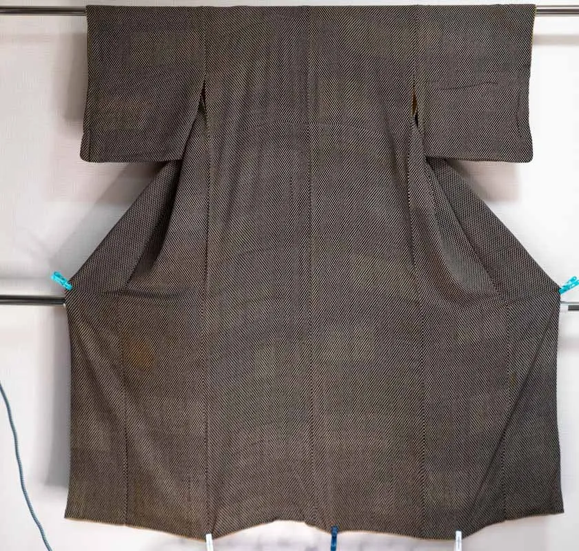 Vintage 1960s Komon Kimono - Black White Checkered Pattern - Smooth Lightweight - Genuine Silk
