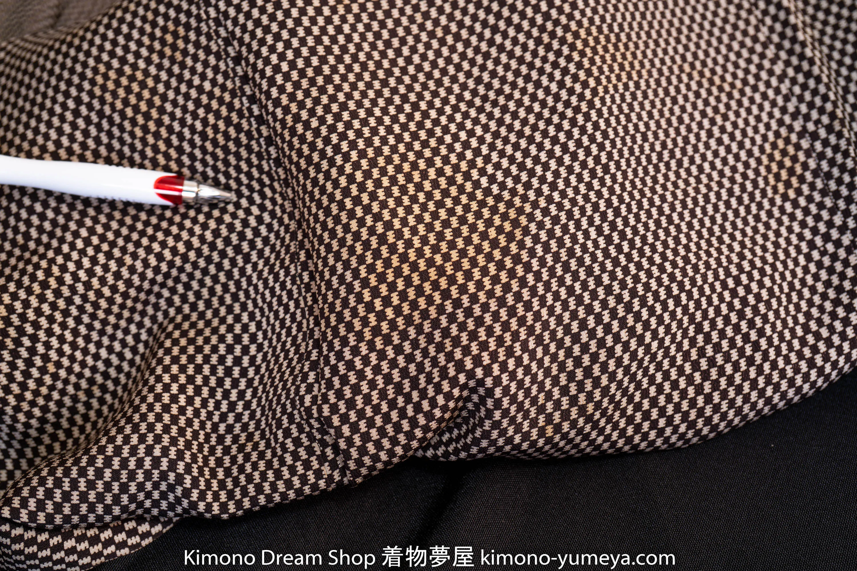 Vintage 1960s Komon Kimono - Black White Checkered Pattern - Smooth Lightweight - Genuine Silk