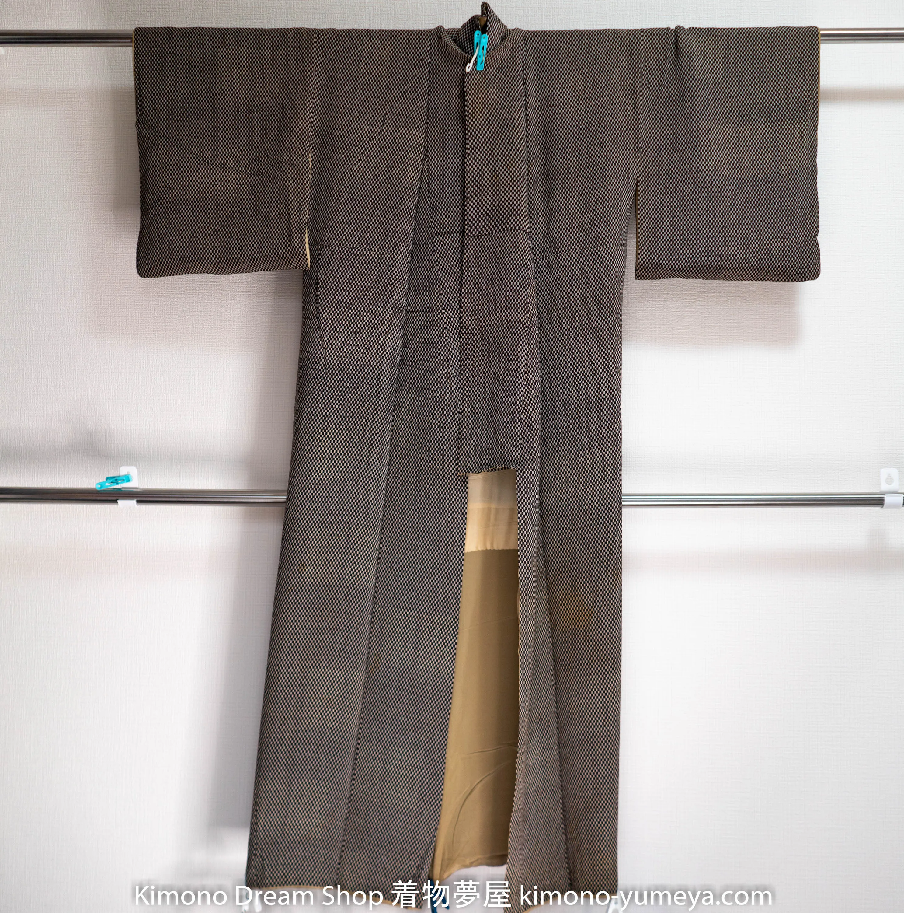 Vintage 1960s Komon Kimono - Black White Checkered Pattern - Smooth Lightweight - Genuine Silk