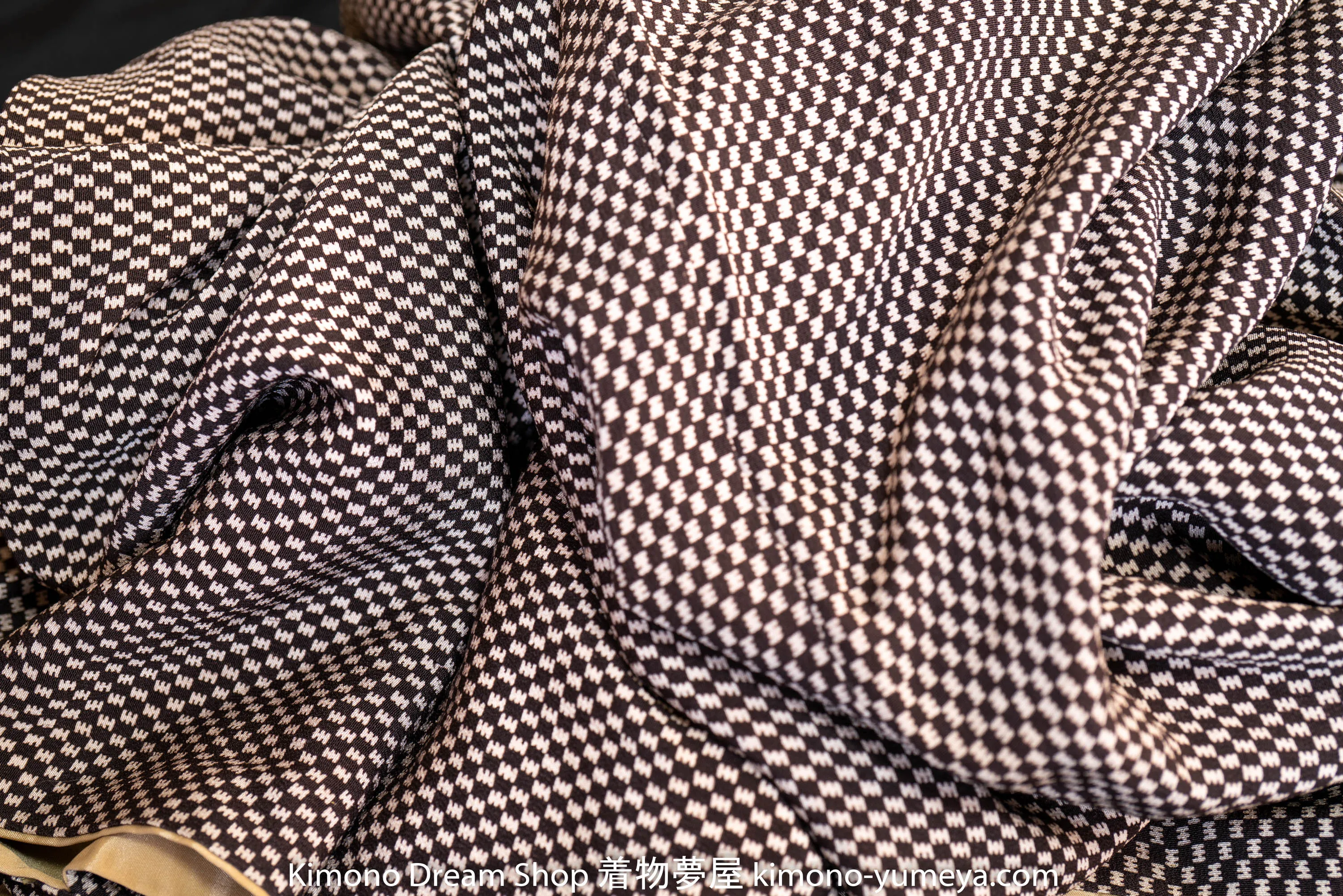 Vintage 1960s Komon Kimono - Black White Checkered Pattern - Smooth Lightweight - Genuine Silk