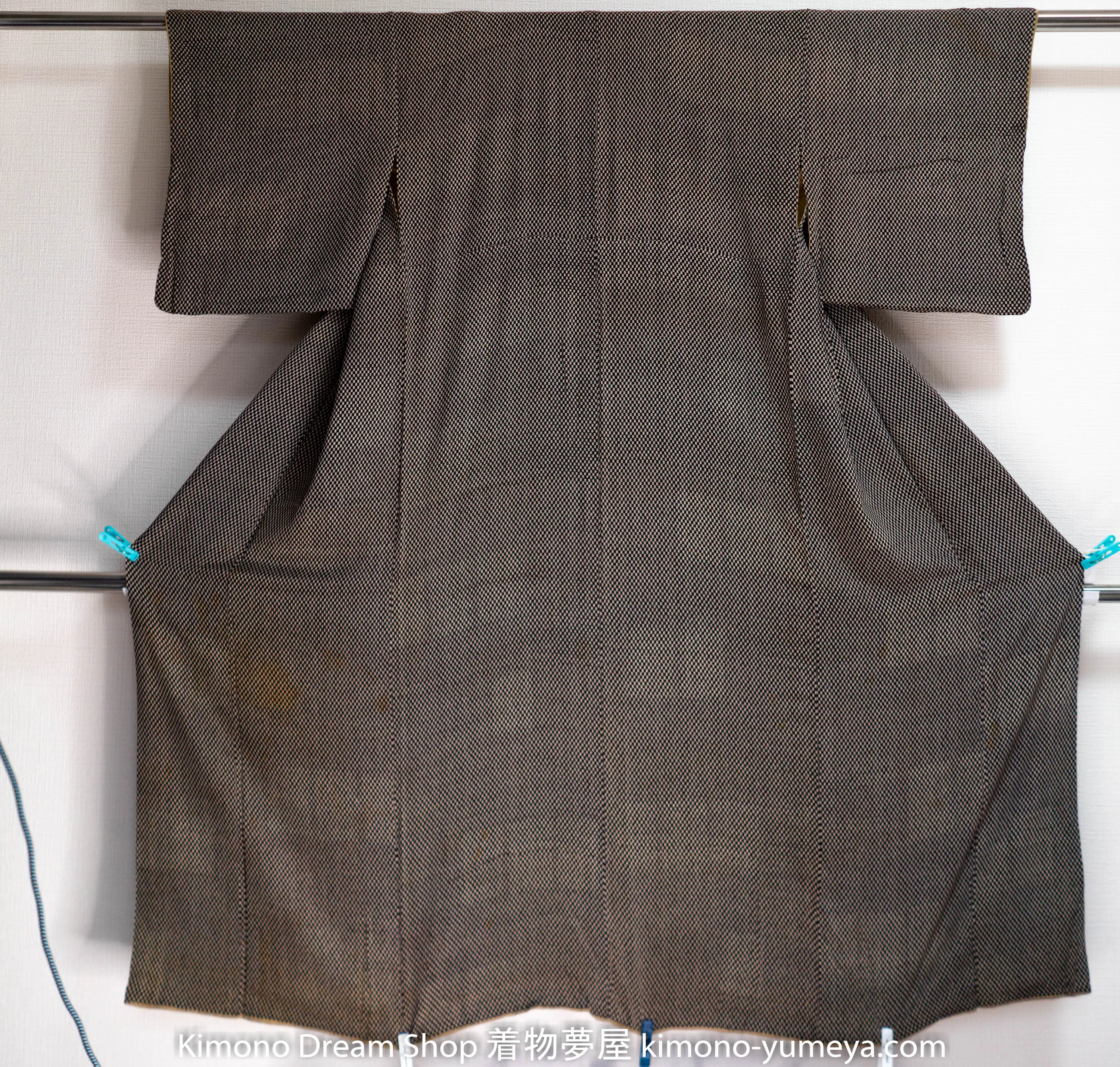 Vintage 1960s Komon Kimono - Black White Checkered Pattern - Smooth Lightweight - Genuine Silk