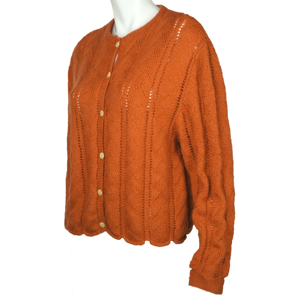 Vintage Hand Knit Sweater Cardigan Style 1960s Rust Brown Wool Ladies Size L