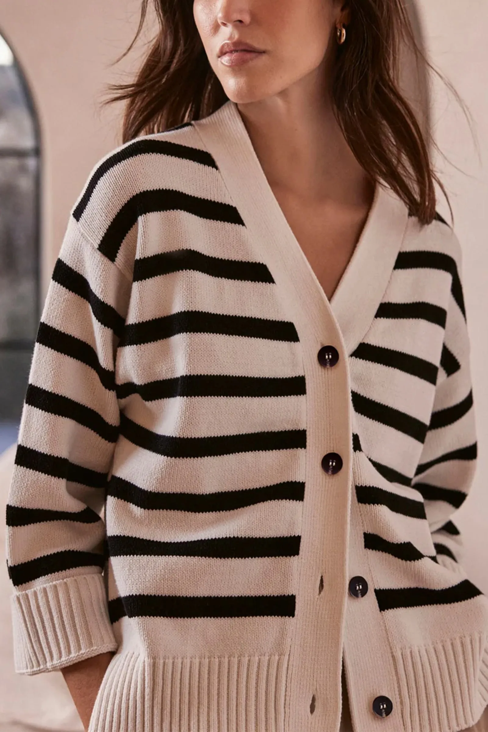 White Cotton Blend Stripe Boxy Cardigan