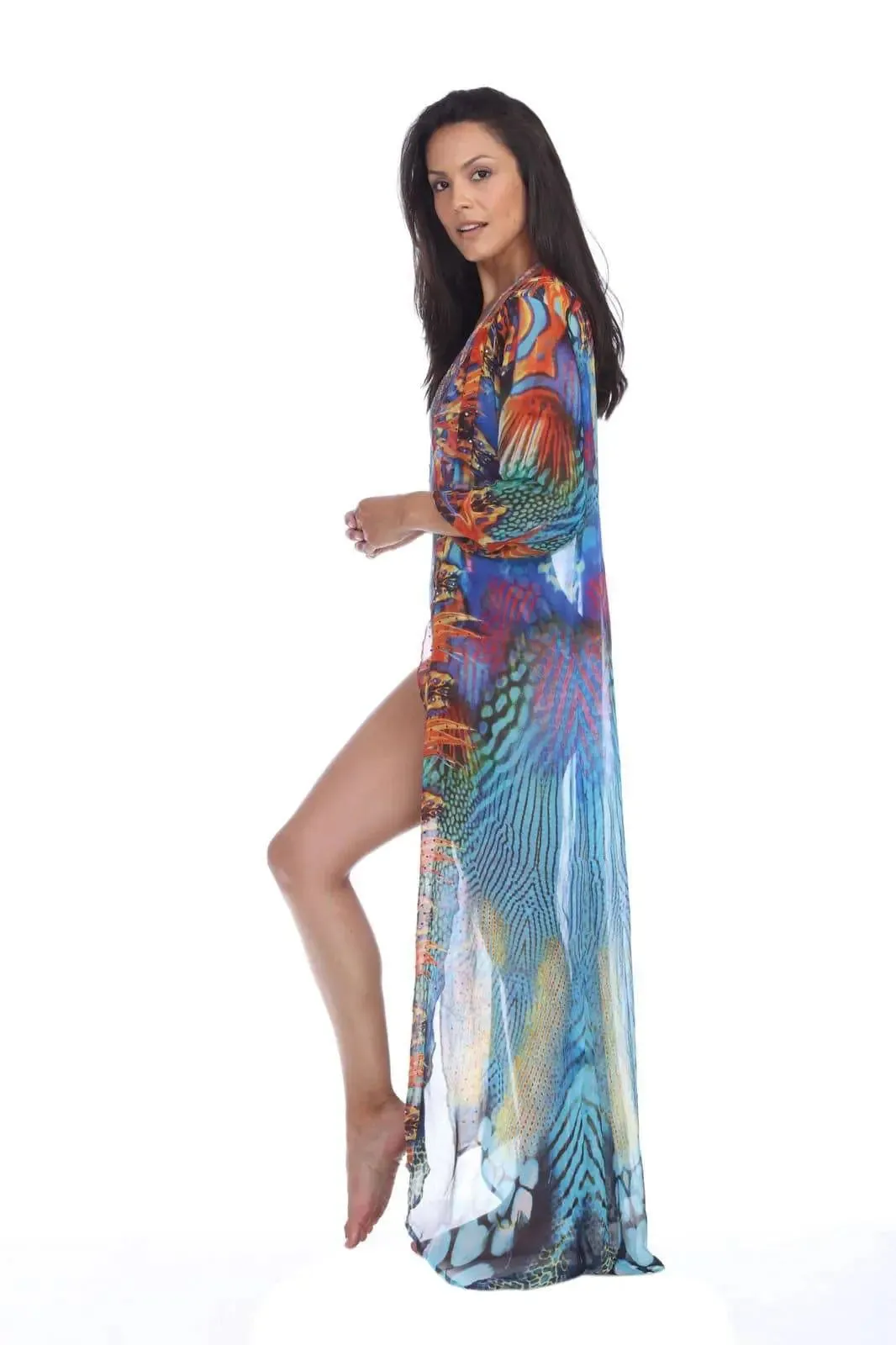 Wholesale Women's Cover-Up Long Kimonos In Multi-Color Made From Imported Polyester