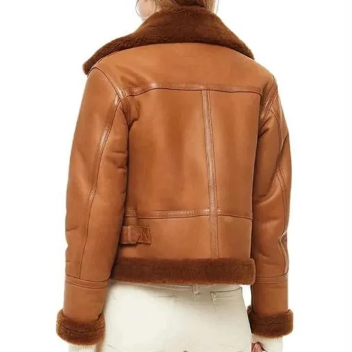 Women Brown Vintage RAF Aviator Flight Pilot Shearling Jacket