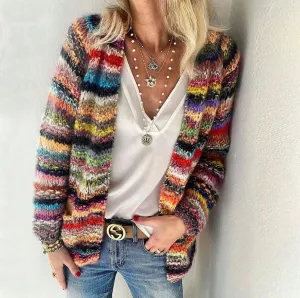 Women long sleeve knitted colorful light striped cardigan