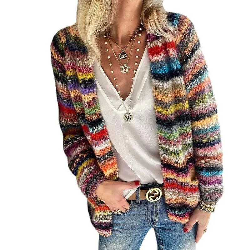 Women long sleeve knitted colorful light striped cardigan
