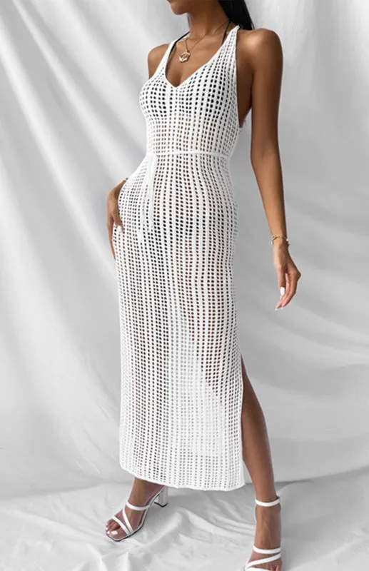 Women's Hollow Knit Floor Length Backless Beach Cover Up