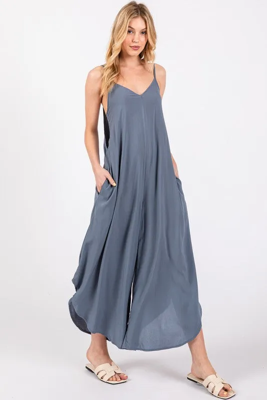 Woven Cami Jumpsuit with Back Self Tie - 23" Inseam