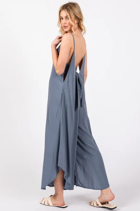 Woven Cami Jumpsuit with Back Self Tie - 23" Inseam