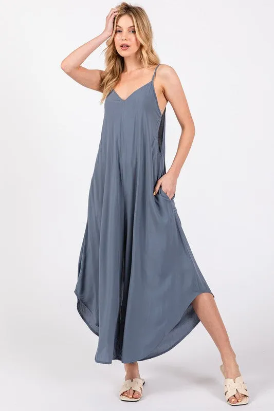 Woven Cami Jumpsuit with Back Self Tie - 23" Inseam
