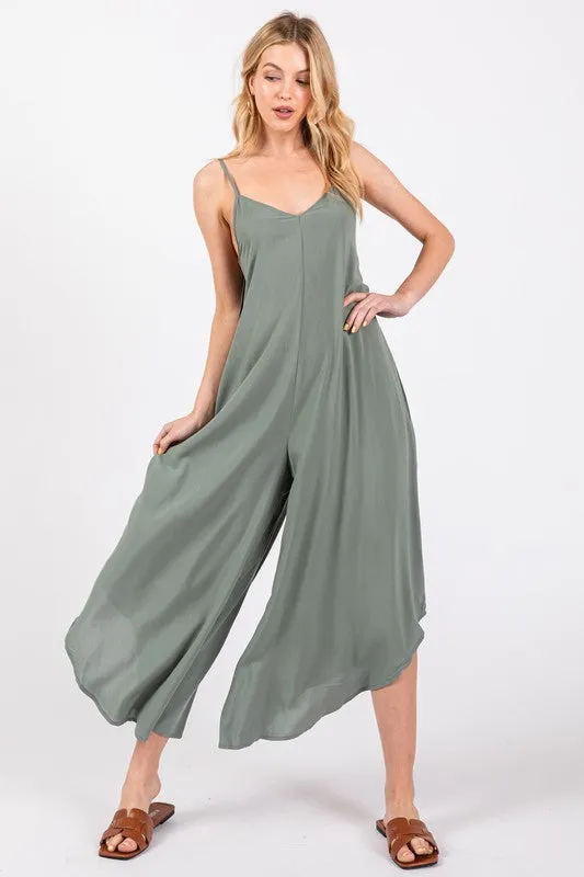 Woven Cami Jumpsuit with Back Self Tie - 23" Inseam