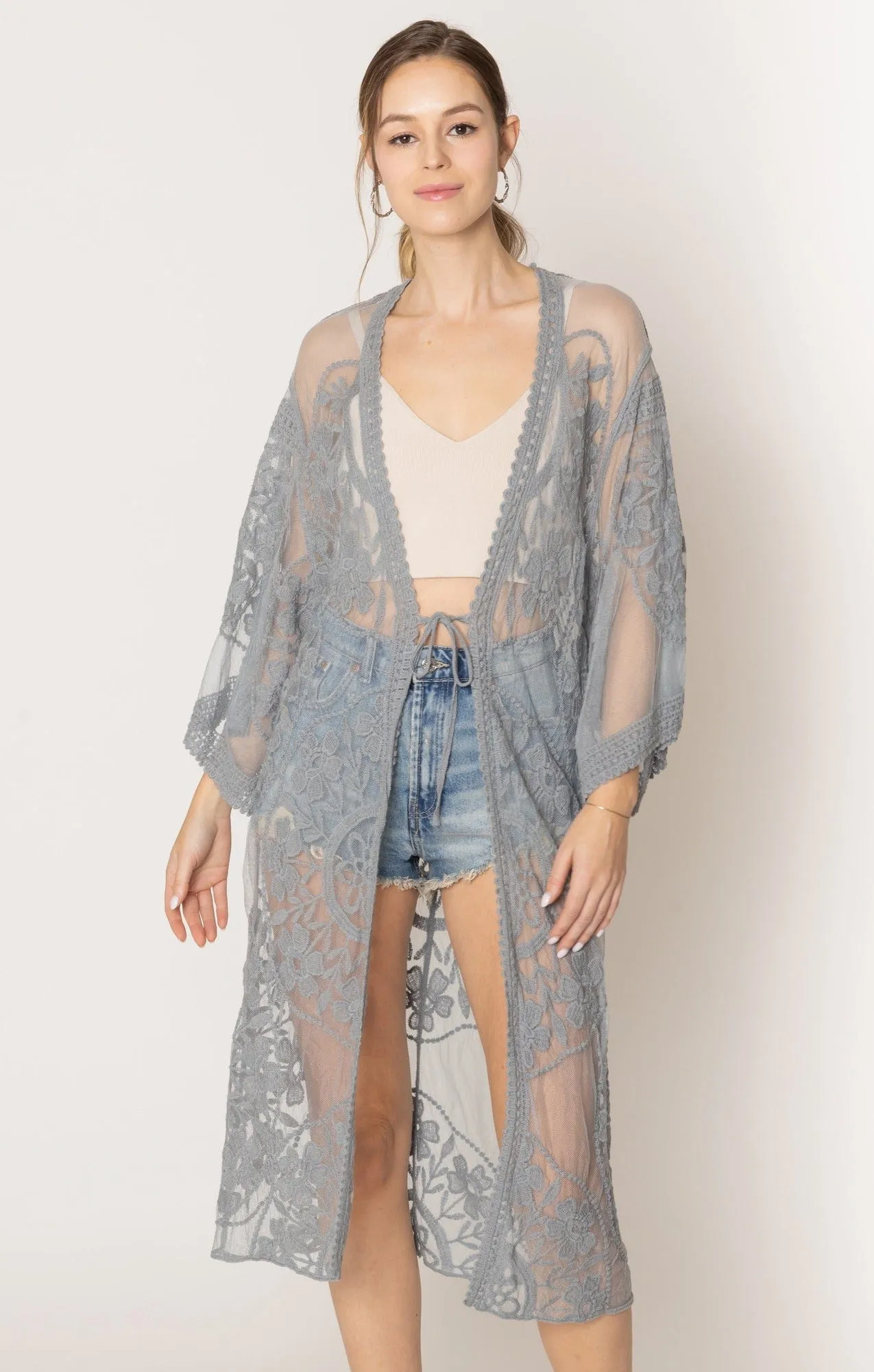 YLK310087 Melody Floral Lace Kimono With Ties