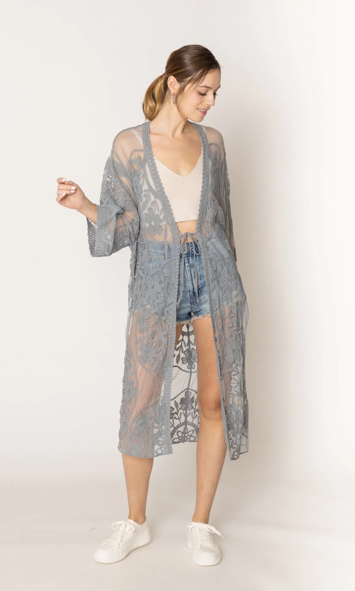 YLK310087 Melody Floral Lace Kimono With Ties